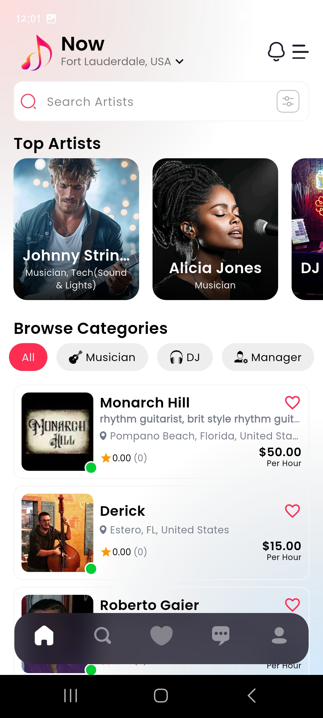 MusiciaNow app home screen showing artist discovery and music categories