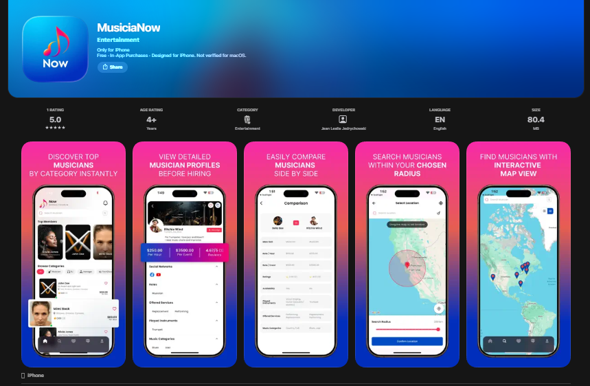 Supplied MusiciaNow Apple App Store listing screenshot